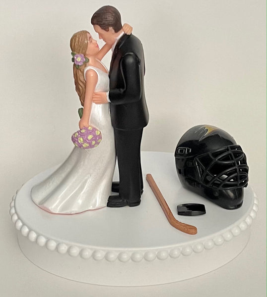 Wedding Cake Topper Anaheim Ducks Hockey Themed Beautiful Long-Haired Bride and Groom Fun Groom's Cake Top Shower Gift Idea Reception