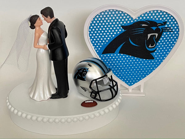 Wedding Cake Topper Carolina Panthers Football Themed Beautiful Short-Haired Bride and Groom One-of-a-Kind Sports Fan Cake Top Shower Gift