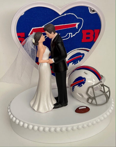 Wedding Cake Topper Buffalo Bills Football Themed Pretty Short-Haired Bride and Groom Sports Fans Unique Reception Bridal Shower Gift Idea
