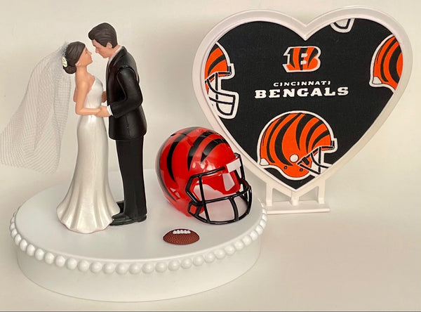 Wedding Cake Topper Cincinnati Bengals Football Themed Pretty Short-Haired Bride Groom Sports Fans Unique Reception Bridal Shower Gift Idea