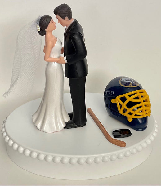 Wedding Cake Topper Buffalo Sabres Hockey Themed Pretty Short-Haired Bride and Groom Unique Sports Fans Groom's Cake Top Reception Gift