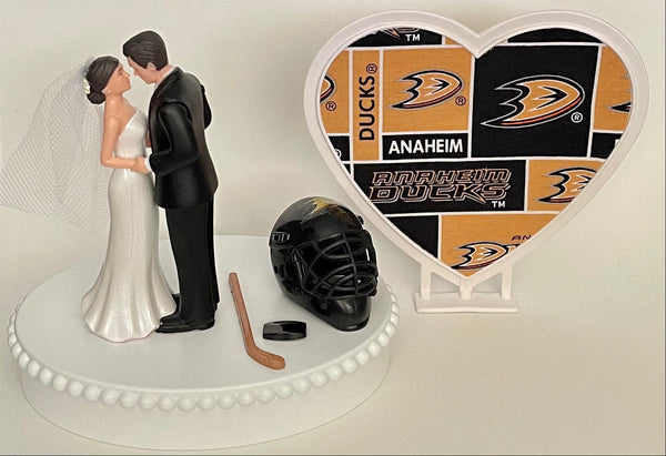 Wedding Cake Topper Anaheim Ducks Hockey Themed Short-Haired Bride and Groom Beautiful Wedding Reception Shower Gift Item Sports Fan Fun