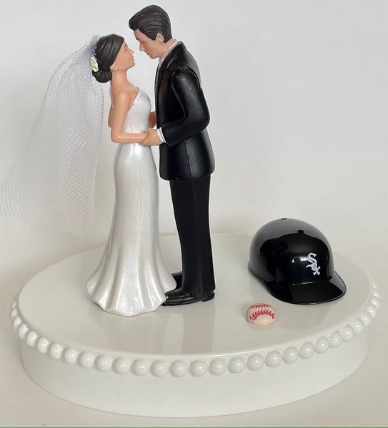Wedding Cake Topper Chicago White Sox Baseball Themed Short-Haired Bride Groom Pretty Heart Sports Fans Fun Unique Shower Reception Gift