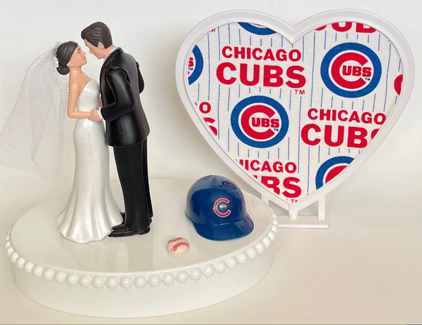 Wedding Cake Topper Chicago Cubs Baseball Themed Short-Haired Bride and Groom Pretty Heart Sports Fans Fun Unique Shower Reception Gift
