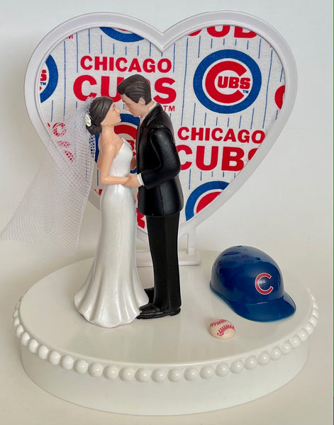 Wedding Cake Topper Chicago Cubs Baseball Themed Short-Haired Bride and Groom Pretty Heart Sports Fans Fun Unique Shower Reception Gift