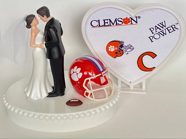 Wedding Cake Topper Clemson Tigers Football Themed Beautiful Short-Haired Bride and Groom One-of-a-Kind Sports Fan Cake Top Shower Gift