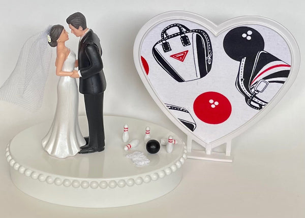 Wedding Cake Topper Bowling Themed Sports Fans Ball Pins Towel Pretty Short-Haired Bride Groom One-of-a-Kind Bridal Shower Reception Gift