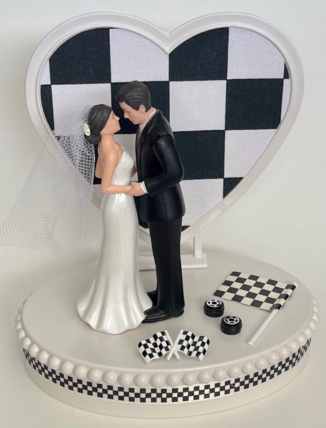 Wedding Cake Topper Checkered Flag Themed Auto Car Motorcycle Racing Sports Fan Pretty Short-Haired Bride Groom Bridal Shower Reception Gift