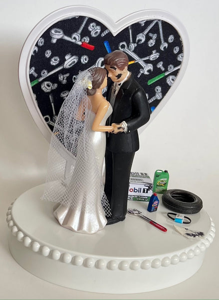 Wedding Cake Topper Auto Mechanic Themed Grease Monkey Tools Tire Oil Garage Shop Rag Car Repair Work Pretty Short-Haired Bride and Groom