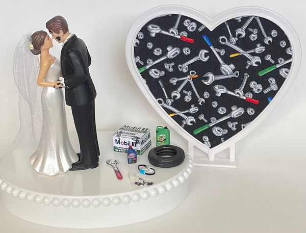 Wedding Cake Topper Auto Mechanic Themed Grease Monkey Tools Tire Oil Garage Shop Rag Car Repair Work Pretty Short-Haired Bride and Groom