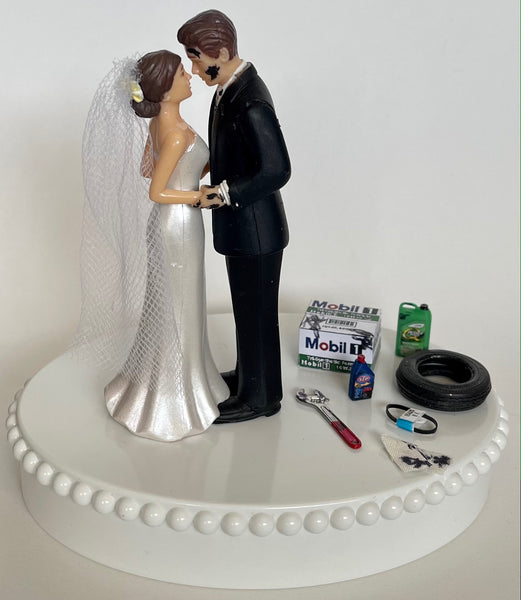 Wedding Cake Topper Auto Mechanic Themed Grease Monkey Tools Tire Oil Garage Shop Rag Car Repair Work Pretty Short-Haired Bride and Groom