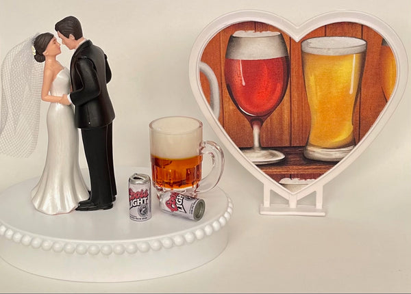 Wedding Cake Topper Coors Light Beer Themed Mug Cans Drinking Pretty Short-Haired Bride Groom OOAK Bridal Shower Reception Groom's Cake Gift