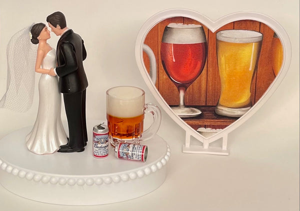 Wedding Cake Topper Budweiser Beer Themed Mug Cans Drink Bud Pretty Short-Haired Bride Groom OOAK Bridal Shower Reception Groom's Cake Gift