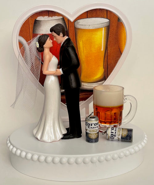 Wedding Cake Topper Corona Extra Beer Themed Mug Cans Drink Pretty Short-Haired Bride Groom OOAK Bridal Shower Reception Groom's Cake Gift