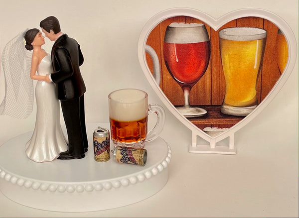 Wedding Cake Topper Coors Beer Themed Mug Cans Drink Pretty Short-Haired Bride Groom Unique Bridal Shower Reception Fun Groom's Cake Gift