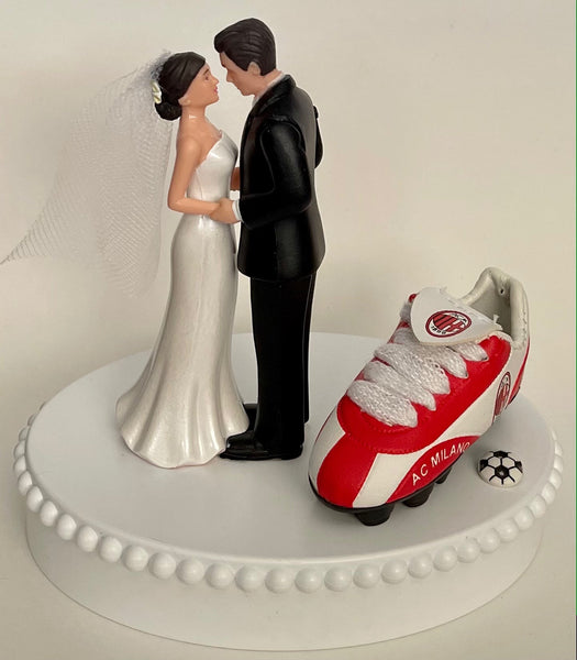 Wedding Cake Topper AC Milan Soccer Themed Italian Football Italy Milano Pretty Short-Haired Bride and Groom Sports Fan Groom's Cake Top