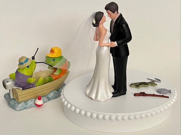 Wedding Cake Topper Fish in a Boat Fishing Themed Fish Bobber Pole Pretty Short-Haired Bride Groom OOAK Funny Groom's Cake Top Shower Gift