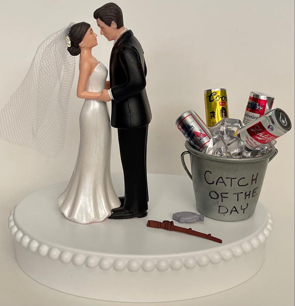 Wedding Cake Topper Beer and Fishing Themed Catch of the Day Ice Bucket Fisherman Fish Pretty Short-Haired Bride Groom OOAK Groom's Cake Top