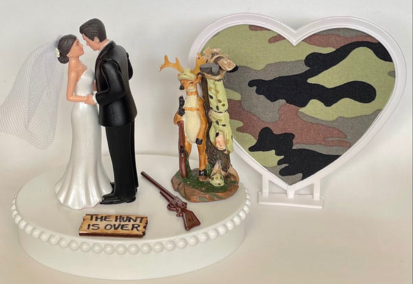 Wedding Cake Topper Dangling Hunter Themed Hunting Pretty Short-Haired Bride and Groom Camo Heart One-of-a-Kind Bridal Shower Reception Gift