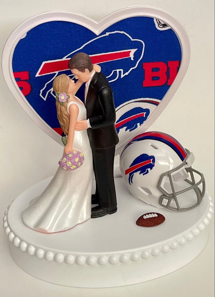Wedding Cake Topper Buffalo Bills Football Themed Beautiful Long-Haired Bride and Groom Fun Sports Fans One-of-a-Kind Reception Bridal Gift