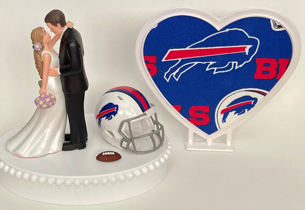 Wedding Cake Topper Buffalo Bills Football Themed Beautiful Long-Haired Bride and Groom Fun Sports Fans One-of-a-Kind Reception Bridal Gift