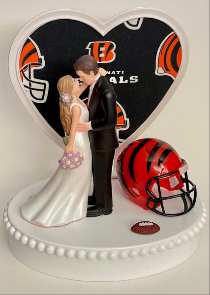 Wedding Cake Topper Cincinnati Bengals Football Themed Beautiful Long-Haired Bride Groom Fun Sports Fans One-of-a-Kind Reception Bridal Gift