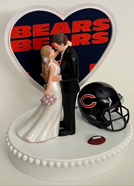 Wedding Cake Topper Chicago Bears Football Themed Beautiful Long-Haired Bride Groom OOAK Sports Fan Fun Bridal Shower Reception Gift