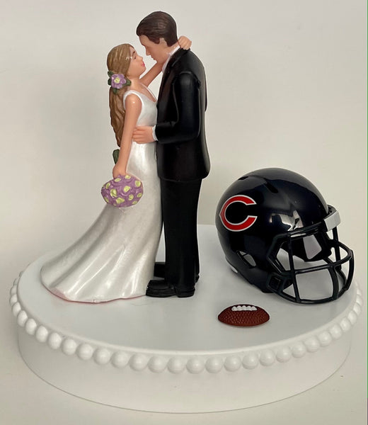 Wedding Cake Topper Chicago Bears Football Themed Beautiful Long-Haired Bride Groom OOAK Sports Fan Fun Bridal Shower Reception Gift