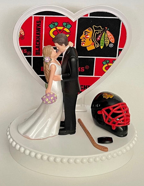 Wedding Cake Topper Chicago Blackhawks Hockey Themed Gorgeous Long-Haired Bride and Groom Fun Groom's Cake Top Reception Shower Gift Idea
