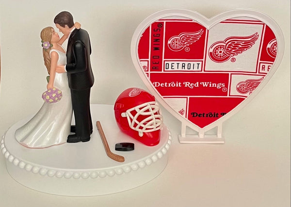 Wedding Cake Topper Detroit Red Wings Hockey Themed Beautiful Long-Haired Bride and Groom Fun Groom's Cake Top Shower Gift Idea Reception