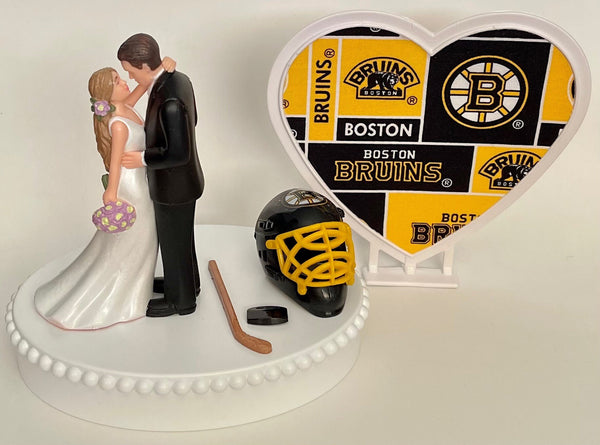 Wedding Cake Topper Boston Bruins Hockey Themed Beautiful Long-Haired Bride and Groom Fun Groom's Cake Top Shower Gift Idea Reception