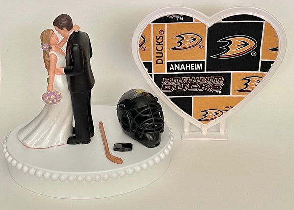Wedding Cake Topper Anaheim Ducks Hockey Themed Beautiful Long-Haired Bride and Groom Fun Groom's Cake Top Shower Gift Idea Reception