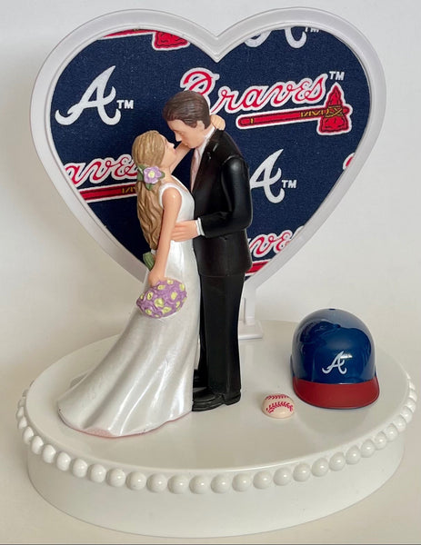 Wedding Cake Topper Atlanta Braves Baseball Themed Beautiful Long-Haired Bride and Groom Fun Groom's Cake Top Shower Gift Idea Reception