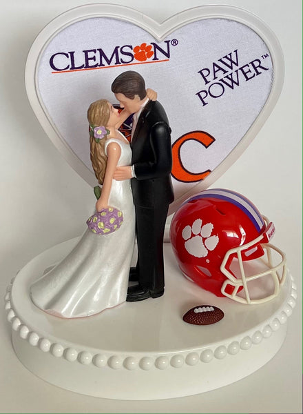 Wedding Cake Topper Clemson Tigers Football Themed Stunning Long-Haired Bride Groom Unique Groom's Cake Top Reception Bridal Shower Gift