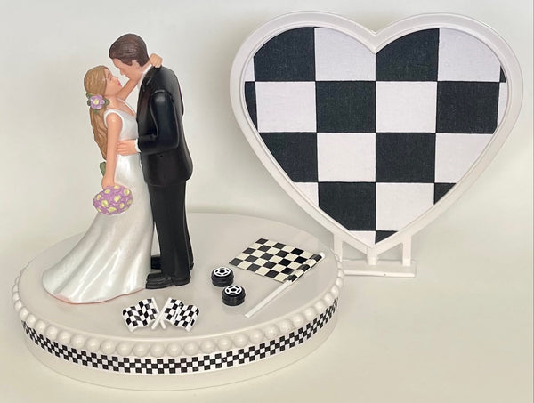 Wedding Cake Topper Checkered Flag Racing Themed Beautiful Long-Haired Bride Groom Fun Bridal Shower Reception Gift Unique Groom's Cake Top