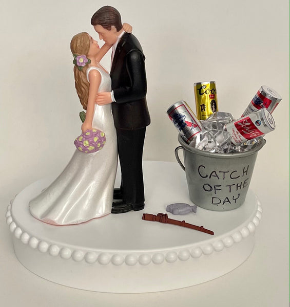 Wedding Cake Topper Catch of the Day Fishing and Beer Themed Gorgeous Long-Haired Bride Groom Bridal Shower Gift Unique Groom's Cake Top