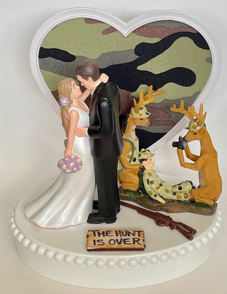 Wedding Cake Topper Deer Hunter Photography Themed Hunting Beautiful Long-Haired Bride and Groom Green Camo Heart Backdrop Groom's Cake Top