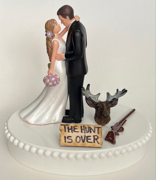 Wedding Cake Topper the Hunt is Over Themed Hunting Rifle Deer Head Pretty Long-Haired Bride and Groom Green Camo Heart Fun OOAK Shower Gift