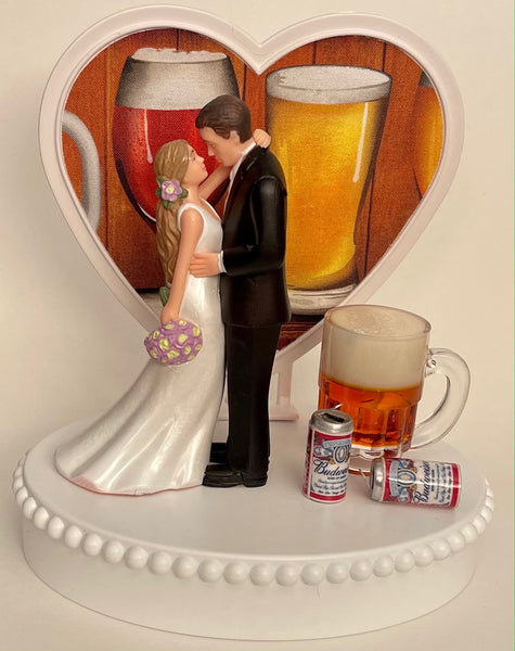 Wedding Cake Topper Budweiser Beer Themed Bud Mug Cans Beautiful Long-Haired Bride and Groom OOAK Bridal Shower Gift Unique Groom's Cake Top