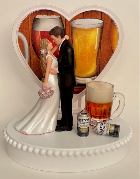 Wedding Cake Topper Corona Extra Beer Themed Mug Cans Beautiful Long-Haired Bride and Groom OOAK Bridal Shower Gift Unique Groom's Cake Top