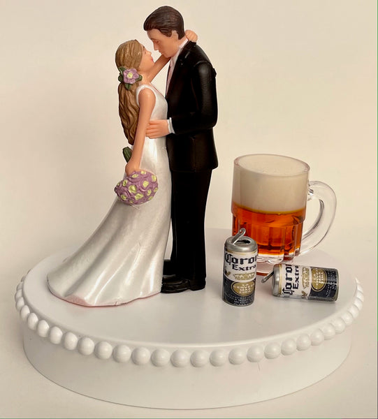 Wedding Cake Topper Corona Extra Beer Themed Mug Cans Beautiful Long-Haired Bride and Groom OOAK Bridal Shower Gift Unique Groom's Cake Top