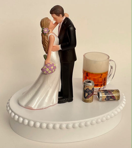 Wedding Cake Topper Coors Beer Themed Mug Cans Drinking Gorgeous Long-Haired Bride and Groom Fun Bridal Shower Gift Unique Groom's Cake Top
