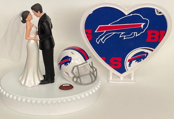 Wedding Cake Topper Buffalo Bills Football Themed Pretty Short-Haired Bride and Groom Sports Fans Unique Reception Bridal Shower Gift Idea