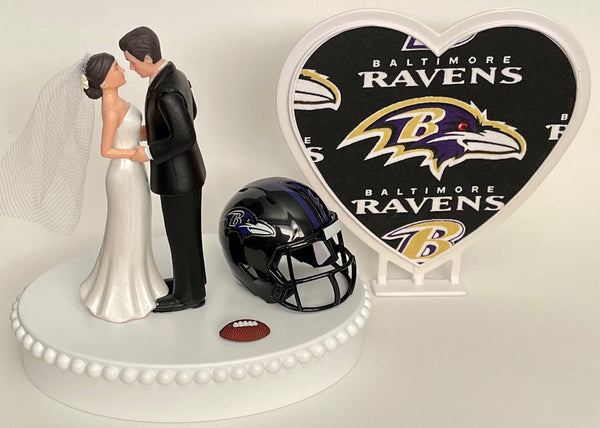 Wedding Cake Topper Baltimore Ravens Football Themed Pretty Short-Haired Bride and Groom Sports Fans Unique Reception Bridal Shower Gift Idea