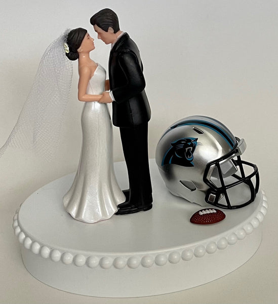 Wedding Cake Topper Carolina Panthers Football Themed Beautiful Short-Haired Bride and Groom One-of-a-Kind Sports Fan Cake Top Shower Gift
