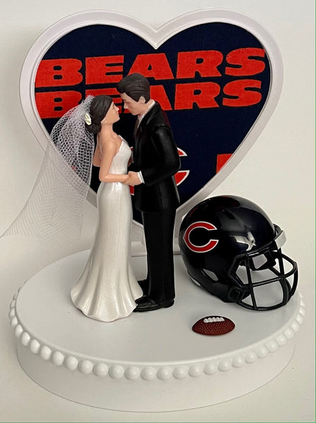 Wedding Cake Topper Chicago Bears Football Themed Beautiful Short-Haired Bride and Groom One-of-a-Kind Sports Fan Cake Top Shower Gift
