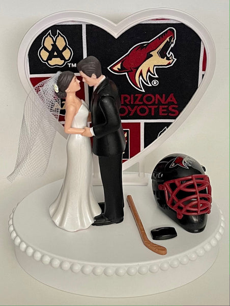 Wedding Cake Topper Arizona Coyotes Hockey Themed Pretty Short-Haired Bride and Groom Unique Sports Fans Groom's Cake Top Reception Gift