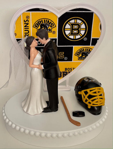 Wedding Cake Topper Boston Bruins Hockey Themed Short-Haired Bride and Groom Beautiful Wedding Reception Shower Gift Item Sports Fan Fun