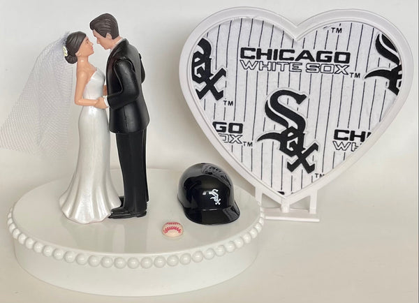 Wedding Cake Topper Chicago White Sox Baseball Themed Short-Haired Bride Groom Pretty Heart Sports Fans Fun Unique Shower Reception Gift