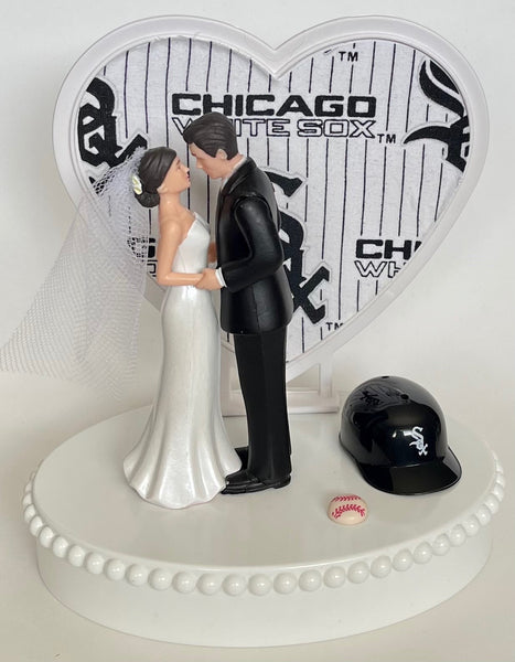 Wedding Cake Topper Chicago White Sox Baseball Themed Short-Haired Bride Groom Pretty Heart Sports Fans Fun Unique Shower Reception Gift